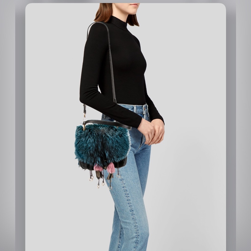 PRADA CORSAIRE FOX-FUR AND LEATHER SHOULDER BAG IN BLUE - Picture 3 of 13